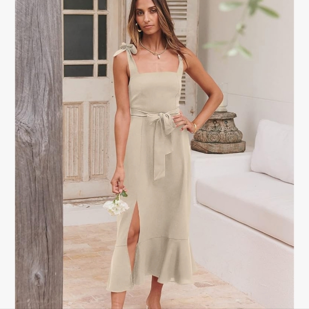 Chic Beige Midi Dress with Tie Waist - Picture 3 of 14